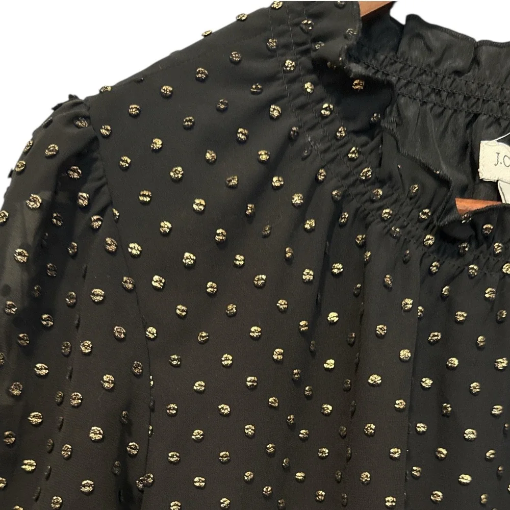 J.Crew‎ Black Gold Metallic Polka Dot Ruffle Neck Puff Sleeve Blouse Sz S